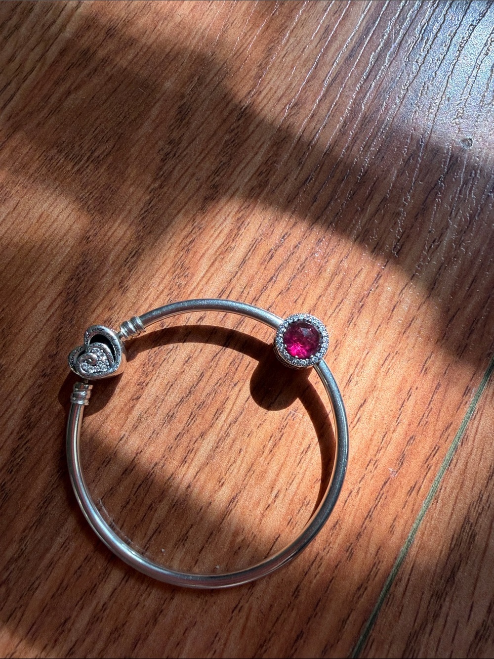 Authentic Pandora Silver Bracelet with Pink Center Stone and Heart Charm